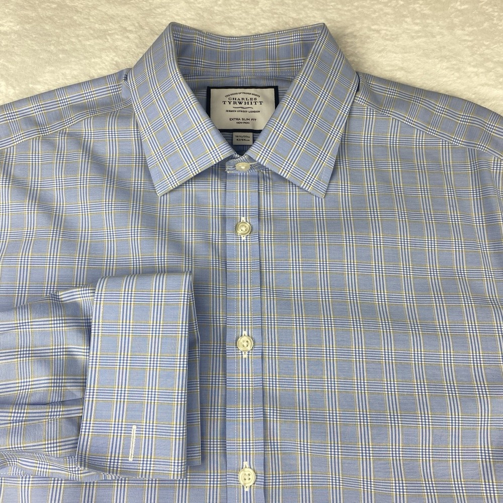 Charles Tyrwhitt Dress Shirt‎ Mens 16.5-33 Blue/Yellow Plaid X-Slim French Cuffs
